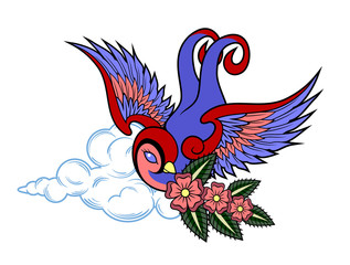 Fototapeta premium Swallow carrying a flowering branch in its beak