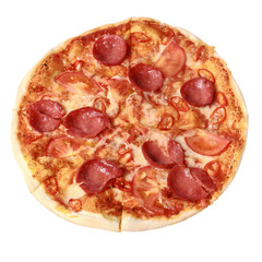 Spicy pepperoni Pizza with salami, tomatos and chilli. Top view. Isolated on white