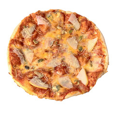 Traditional pizza with pear, pumpkin seeds and bacon. Top view. Isolated on white