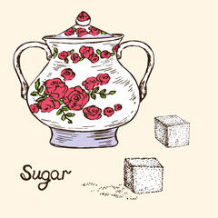 Porcelain sugar bowl with red roses ornament and two cubes of sugar, hand drawn doodle, simple sketch in pop art style, vector color illustration