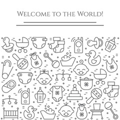 Baby theme horizontal banner. Pictograms of baby, pram, crib, mobile, toys, rattle, bottle, diaper, bathtub, cloth, bib and other newborn related elements. Line out symbols