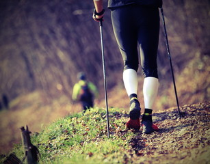 man with nordic walking sticks during workout on path