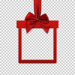 Square banner in form of gift with red ribbon and bow.