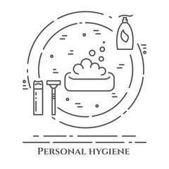 Personal hygiene line banner. Set of elements of shower, soap, bathroom. Poster with cleaning pictograms. Concept for website, card, infographic, advertise.