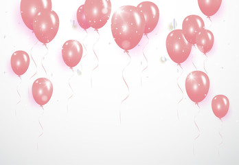Silver confetti celebration party banner with pink balloons background. Vector illustration