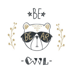 Vector card with cute fashion bear. Stylish teddy bear. Doodle kids animals print. Funny character. Cute illustration, trendy design. Be cool. T-shirt print. Textile graphic.
