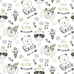 Fototapeta premium Wektor wzór niedźwiedź moda. Śliczne pluszowe ilustracja w stylu szkicu. Kreskówka tło zwierząt. Doodle niedźwiedzi. Idealny do tkanin, tapet, papieru pakowego, tekstyliów, pościeli, nadruków na koszulkach.