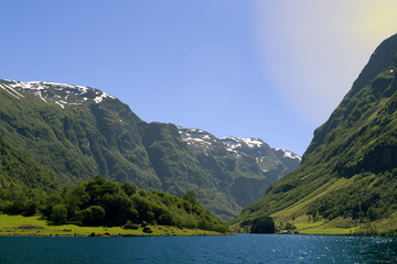 Green mountains and Waterfalls in Sognefjord Scandinavia. Norway