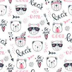 Fototapeta premium Vector fashion bear seamless pattern. Cute teddy illustration in sketch style. Cartoon animals background. Doodle bears. Ideal for fabric, wallpaper, wrapping paper, textile, bedding, t-shirt print.
