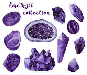 Set of violet amethyst jewel stones watercolor painting on white background
