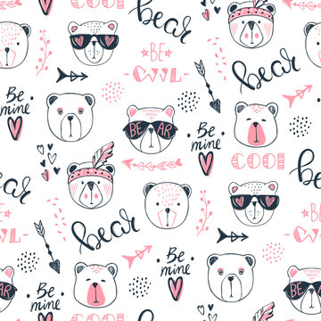 Vector fashion bear seamless pattern. Cute teddy illustration in sketch style. Cartoon animals background. Doodle bears. Ideal for fabric, wallpaper, wrapping paper, textile, bedding, t-shirt print.