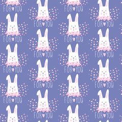 Vector seamless pattern with hearts, rabbit and inscriptions 