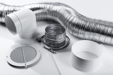 ventilation system items and joints on white background