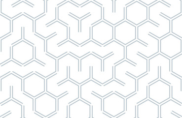 Seamless geometric pattern with hexagons and lines. Irregular structure for fabric print. Monochrome abstract background.