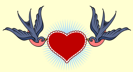 Swallows carrying a heart . Old school tattoo style