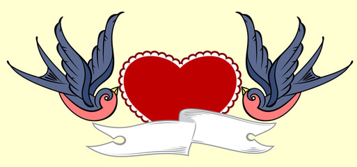Swallows carrying a heart and banner. Old school tattoo style