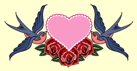 Swallows carrying a heart and roses. Old school tattoo style