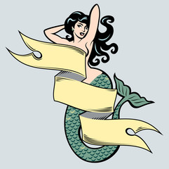 The image of a mermaid in the traditional style of Old school tattoo pin-up