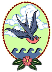 Swallow flying over the sea waves