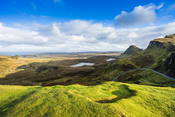 Landscape view of Quiraing mountains on Isle of Skye, Scottish highlands, Scotland, United Kingdom