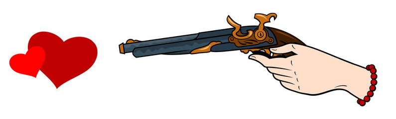 A hand with a gun shooting at the hearts