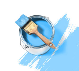 Blue paint tin can with brush on top on a white background with Blue strokes