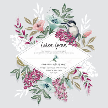  Vector illustration with a cute bird on a floral branch in spring for Wedding, anniversary, birthday and party. Design for banner, poster, card, invitation and scrapbook 	