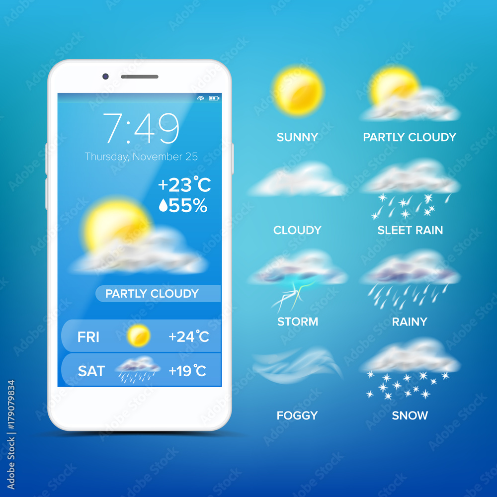 Poster weather forecast app vector. realistic smartphone screen. weather app with icons. design element ill