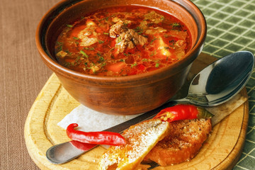 Traditional Hungarian goulash soup bogracs close-up in a bowl on the table. horizontal
