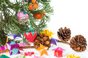 Tree, Star gift and decorations on white background