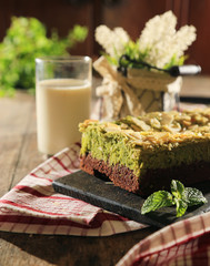almond topping chocolate brownies green tea cake with milk