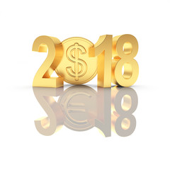 Golden 2018 New Year with coin Dollar sign and reflection with Euro sign on white background. 3D illustration