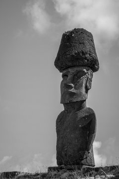 Moais statues site ahu Nao Nao on anakena beach, easter island. Black and white picture