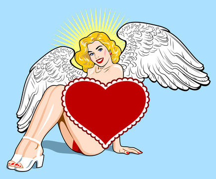 Image of sexy girl in the image of an angel . The traditional style of Old school tattoo pin-up