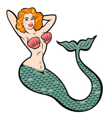 The image of a mermaid in the traditional style of Old school tattoo pin-up