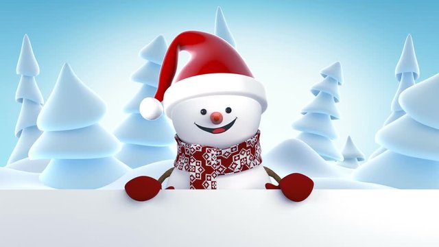 Funny Snowman in Santa Claus Cap Greeting with Hands and Smiling. Beautiful 3d Cartoon Animation with Green Screen. Animated Greeting Card Merry Christmas and Happy New Year Concept Full HD 1920x1080