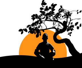 Man meditates in the Lotus position under the backdrop of a spreading tree, the rising sun and nature. Calm pose, mental balance, harmony, spirituality energy, body exercise sitting.