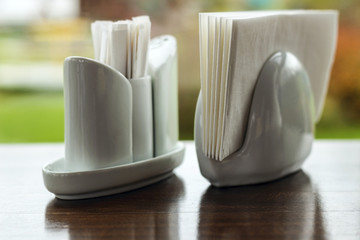 Cafe table top set with saltcellar and pepper-pot.