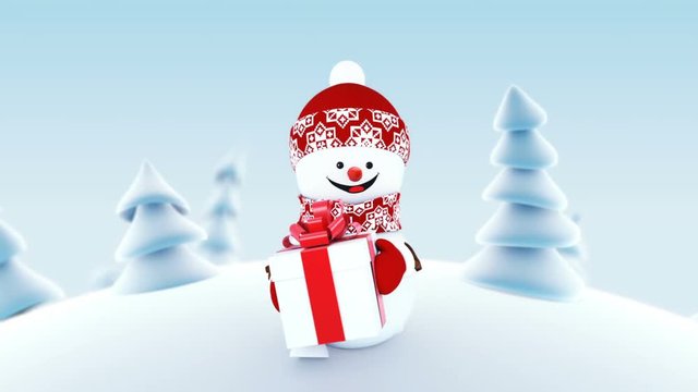Funny Snowman Walking in Winter Forest Holding a Present Box Smiling. Beautiful Looped 3d Cartoon Animation. Animated Greeting Card. Merry Christmas and Happy New Year Concept. Full HD 1920x1080.