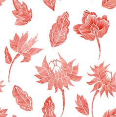 Floral seamless background pattern with fantasy flowers and leaves Line art. Embroidery flowers. Vector illustration.