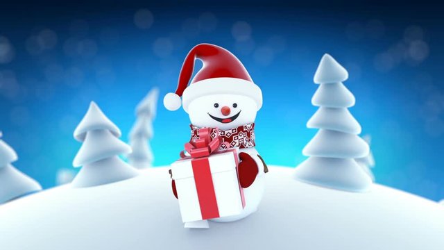 Funny Snowman in Santa Claus Cap Walking in Winter Forest with a Gift. Beautiful Looped 3d Cartoon Animation. Animated Greeting Card. Merry Christmas and Happy New Year Concept. Full HD 1920x1080.