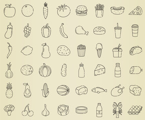 Food icons set. Fruits, Vegetables, Fast food and every day food. Outline icons style. Vector 