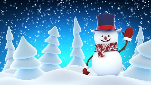 Funny Snowman High-Hat Going on Stage Waving and Smiling in Winter Forest. Beautiful Looped 3d Cartoon Animation. Animated Greeting Card. Merry Christmas and Happy New Year Concept. Full HD 1920x1080.