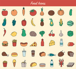 Food and drink icons. Fruits, Vegetables, Fast food and every day food icons. Outline design style. Vector 