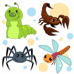 Набор картинок с насекомыми для детей с гусеницей, скорпионом, пауком и стрекозой.