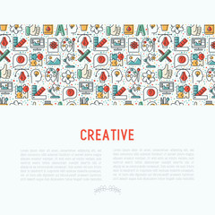 Creative concept with thin line icons of idea, puzzle, color palette, brushes, creative vision, development design. Vector illustration of banner, web page, print media.