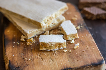 Various types of turrons,nougat, chocolate, nuts and soft nougat.
