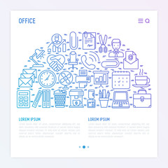Office concept in half circle with thin line icons of manager, coffee machine, chair, career growth, e-mail, folders, watercooler, lamp. Vector illustration for banner, web page, print media.