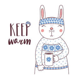 Hand drawn vector illustration of a cute funny rabbit in a knitted headband and sweater, holding coffee mug, text Keep warm. Isolated objects on white background. Design concept for children.