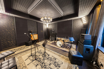 professional recording studio with musical instruments